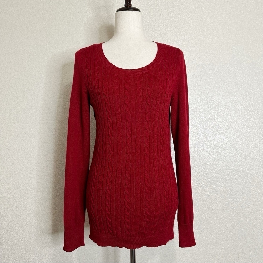 Talbots Wool Blend Red Fisherman Cable Knit Long Sleeves Sweater, Sz Medium